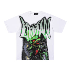 MIXED EMOTION Gothic Letter Green Monster Graphic T‑Shirt