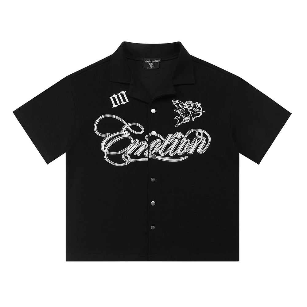 Mixed EMOTION American High Street Trendy Brand Spring and Autumn Leisure Letter LOGO Embroidered Waffle Short Sleeve Shirt (1)