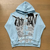 MIXED EMOTION Light Blue Gothic Angel Graphic Full‑Zip Hoodie