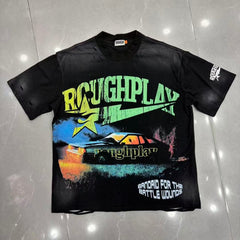 Roughplay Lightning Muscle Car Distressed Black Graphic Tee
