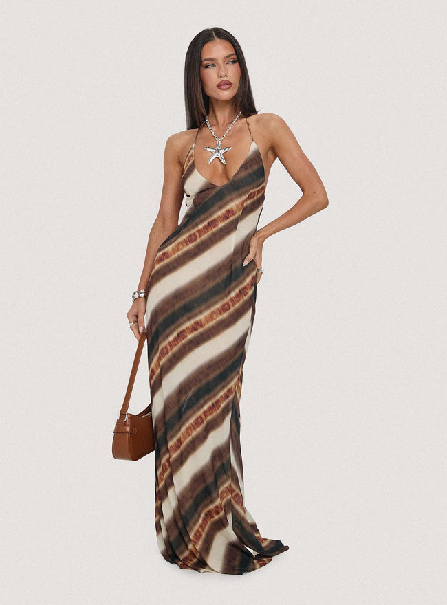 Esmira Halter Maxi Dress Brown Stripe Main Image