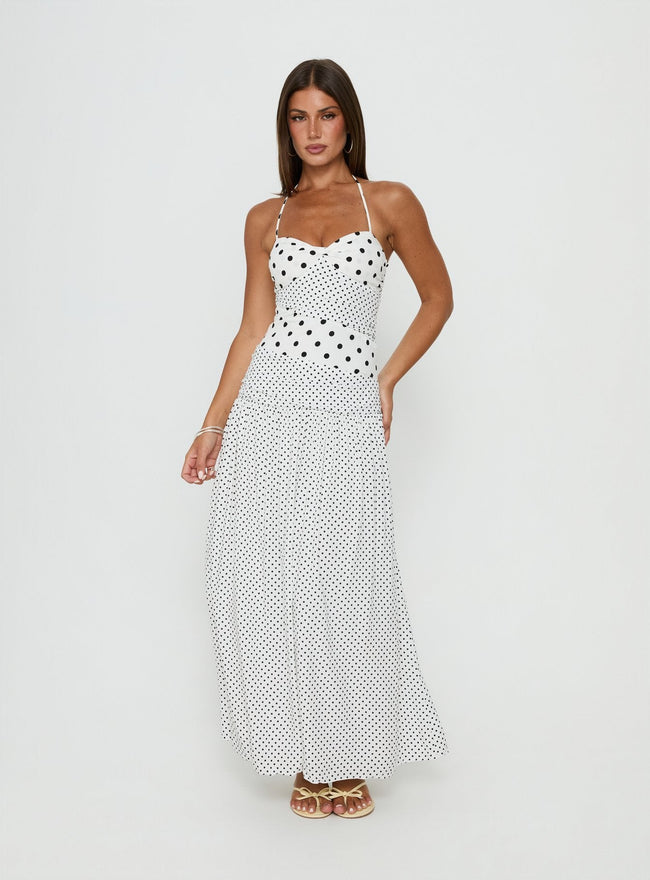 Marguerite Halter Maxi Dress White Polka Dot Hover Image