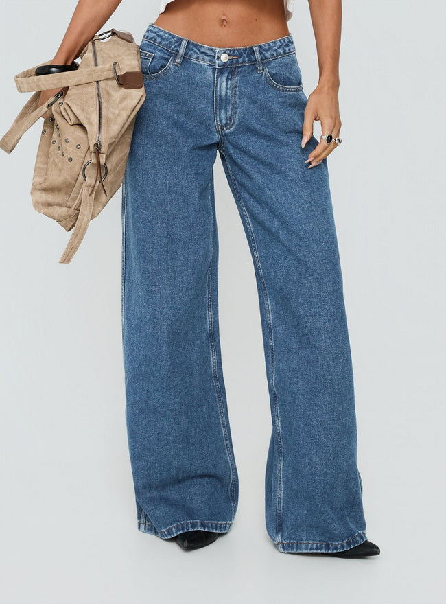 Ramos Low Rise Wide Leg Jeans Mid Blue Wash Main Image