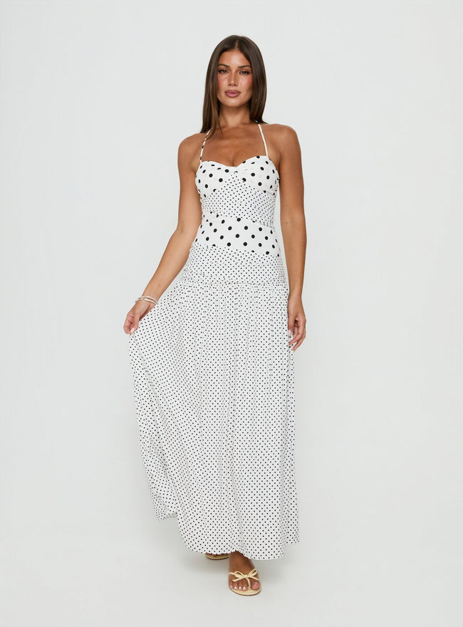 Marguerite Halter Maxi Dress White Polka Dot Main Image