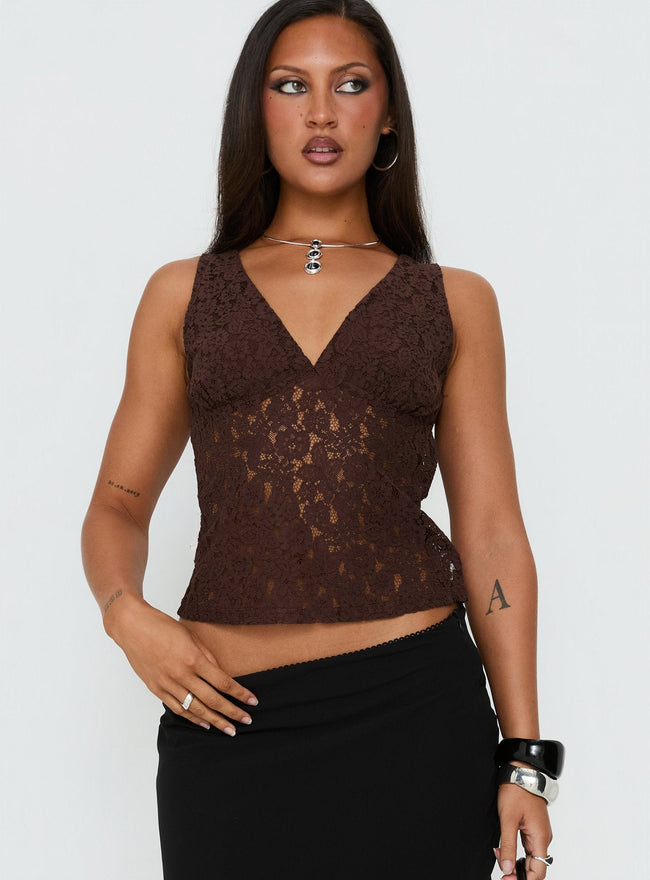 Aydinn Lace Plunge Neck Top Brown Main Image