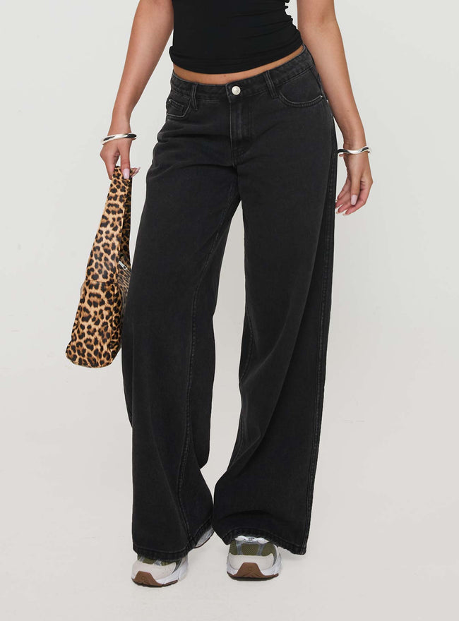 Ramos Low Rise Wide Leg Denim Jeans Washed Black Main Image