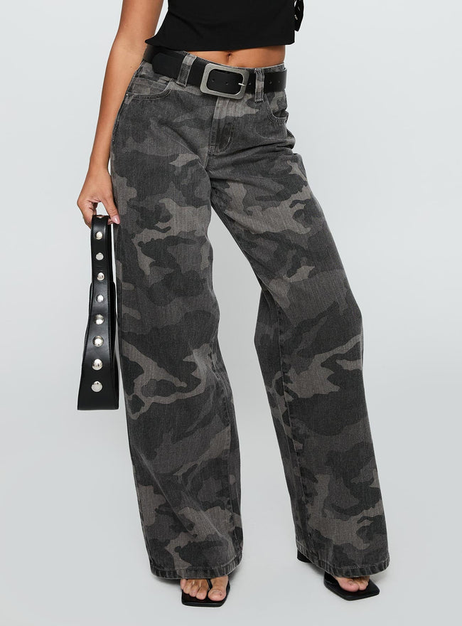 Big Talk Mid Rise Straight Leg Jeans Grey Washed Camo Main Image