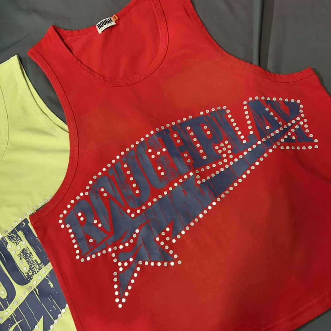 Roughplay Rhinestone Star Logo Crop Tank Top