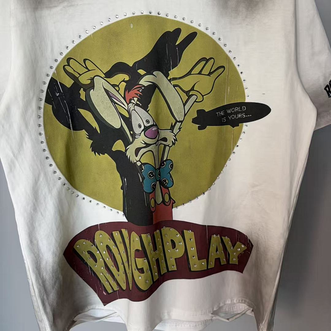 Roughplay Crazy Cartoon Rabbit Rhinestone Distressed Tee