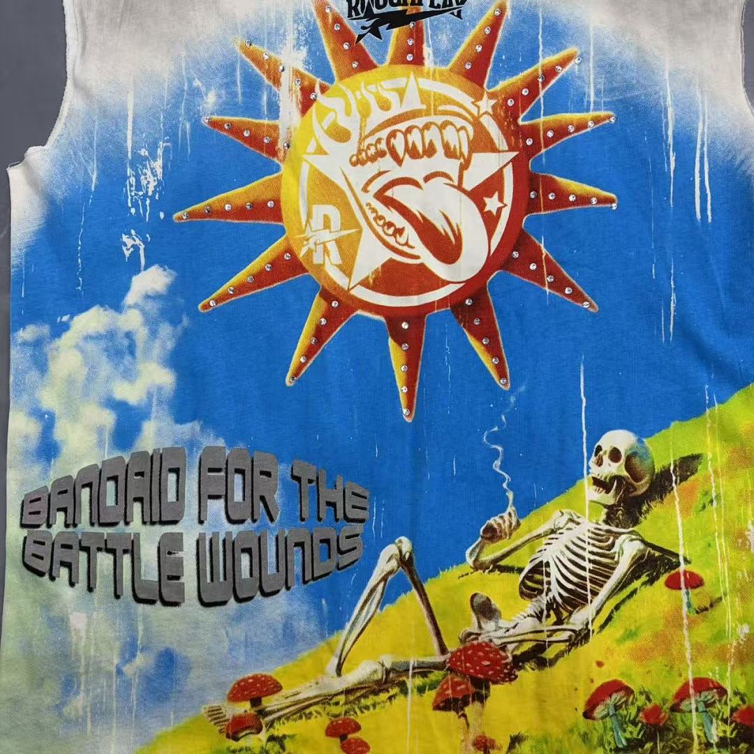 Roughplay Skull Sun Mushroom Field Distressed Tank Top