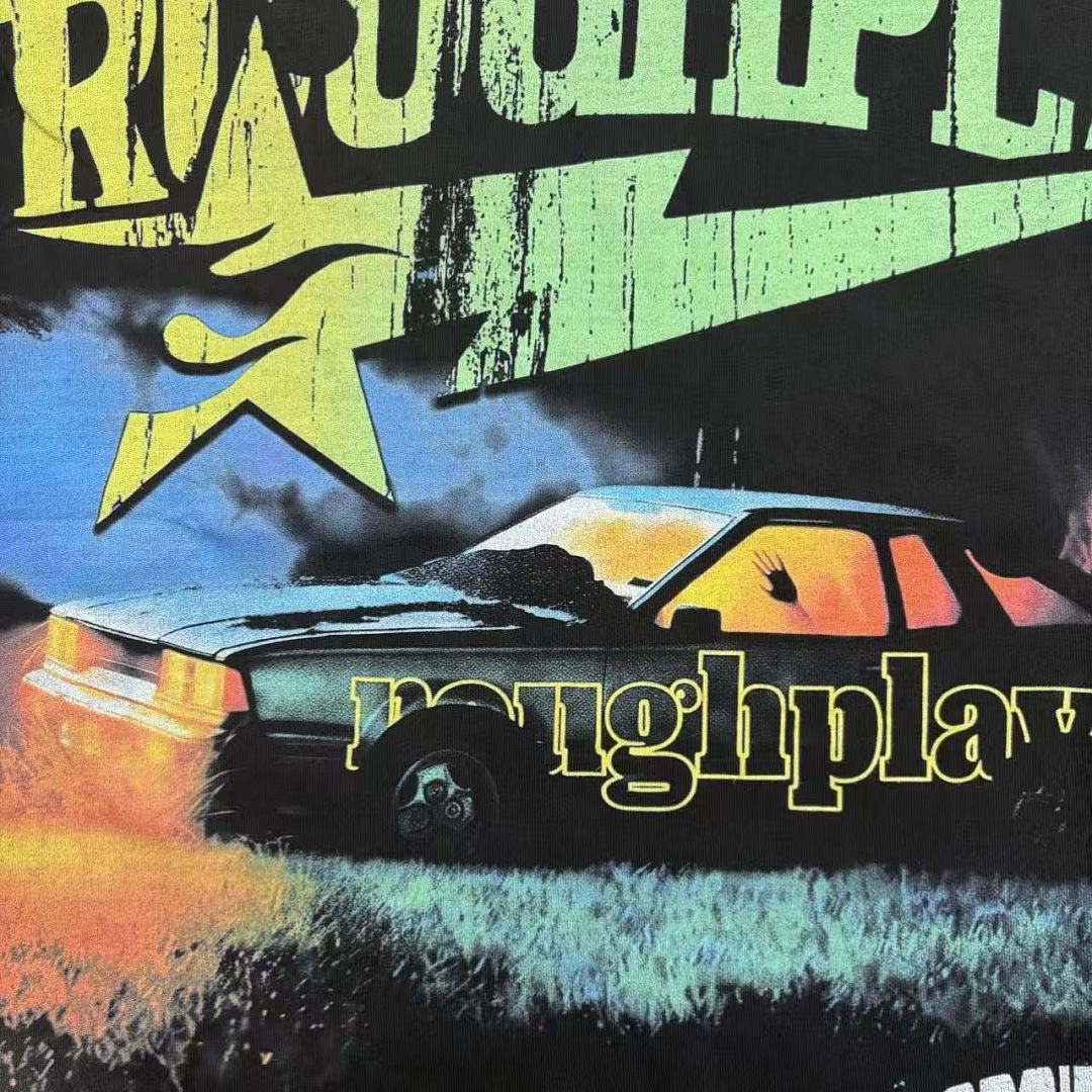 Roughplay Lightning Muscle Car Distressed Black Graphic Tee