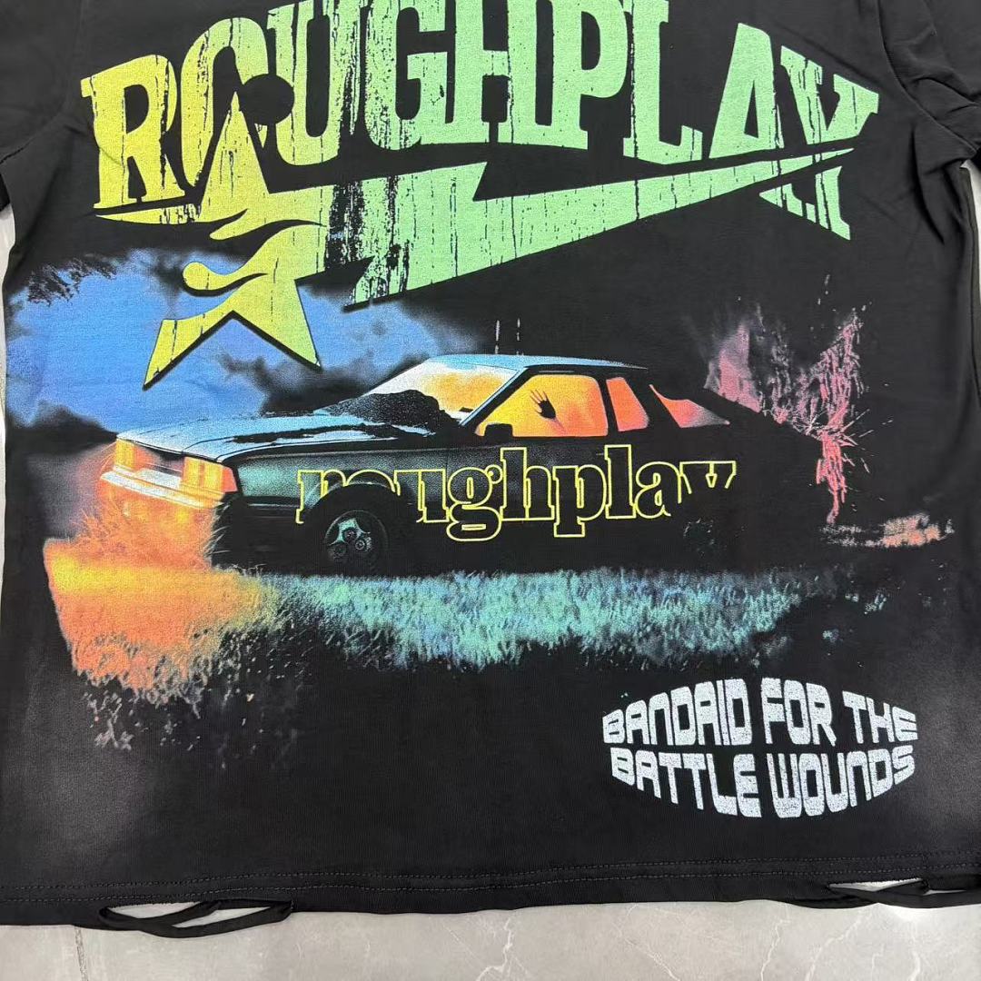 Roughplay Lightning Muscle Car Distressed Black Graphic Tee