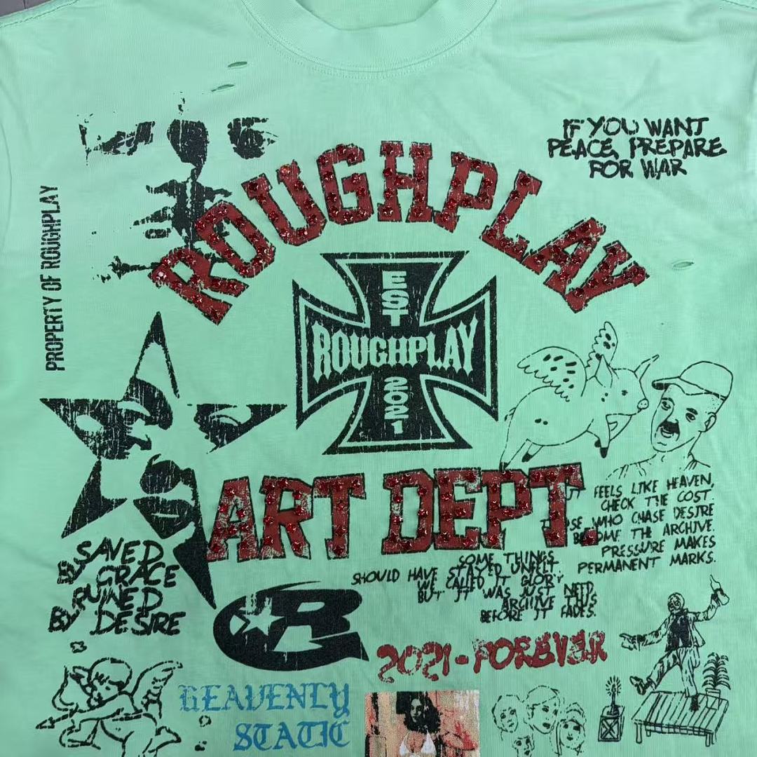 Roughplay Art Dept Collage Neon Green Distressed Tee