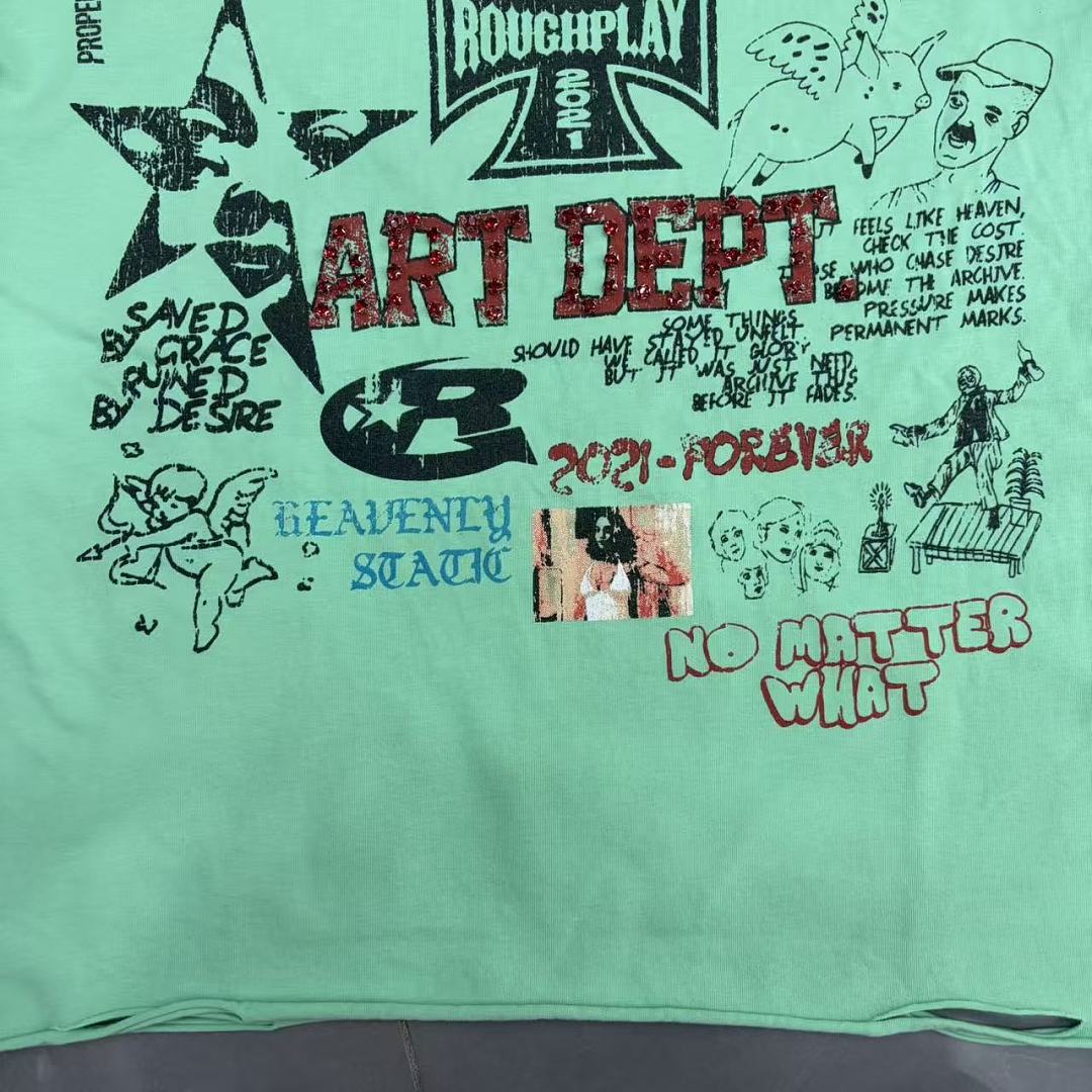 Roughplay Art Dept Collage Neon Green Distressed Tee