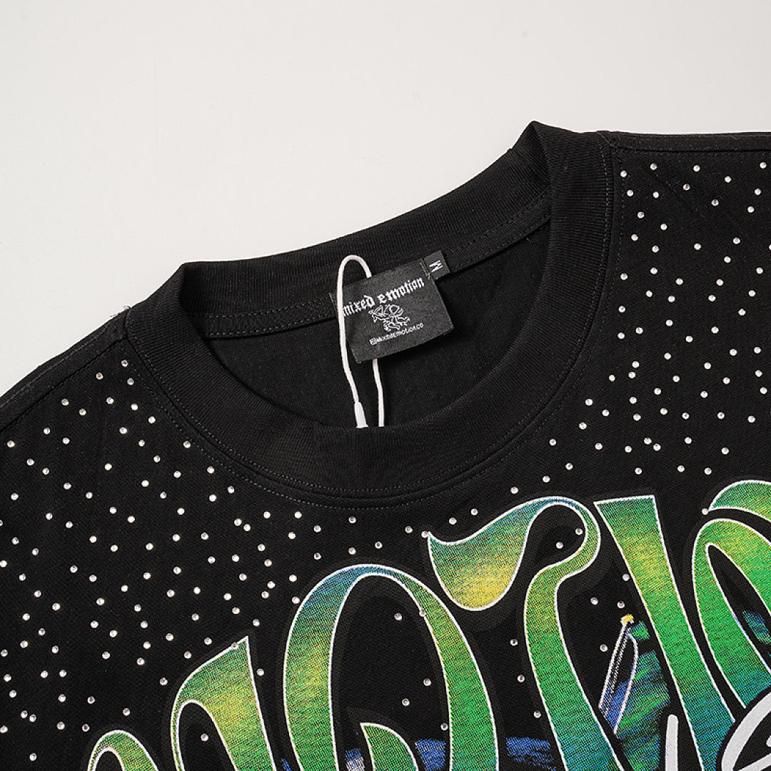 MIXED EMOTION Black Colorful Scene Gothic Letter  T‑Shirt