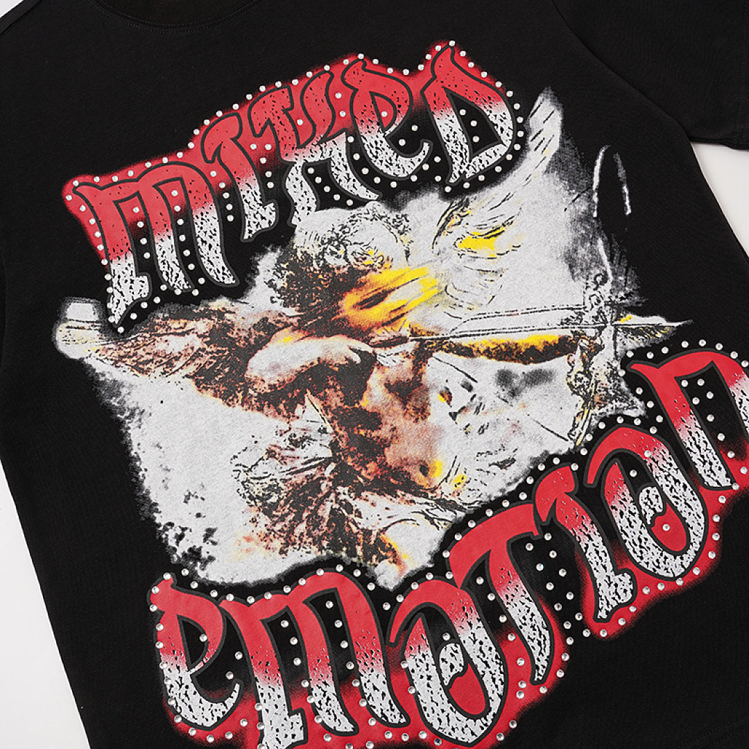 MIXED EMOTION Black Red Gothic Letter Portrait  T‑Shirt