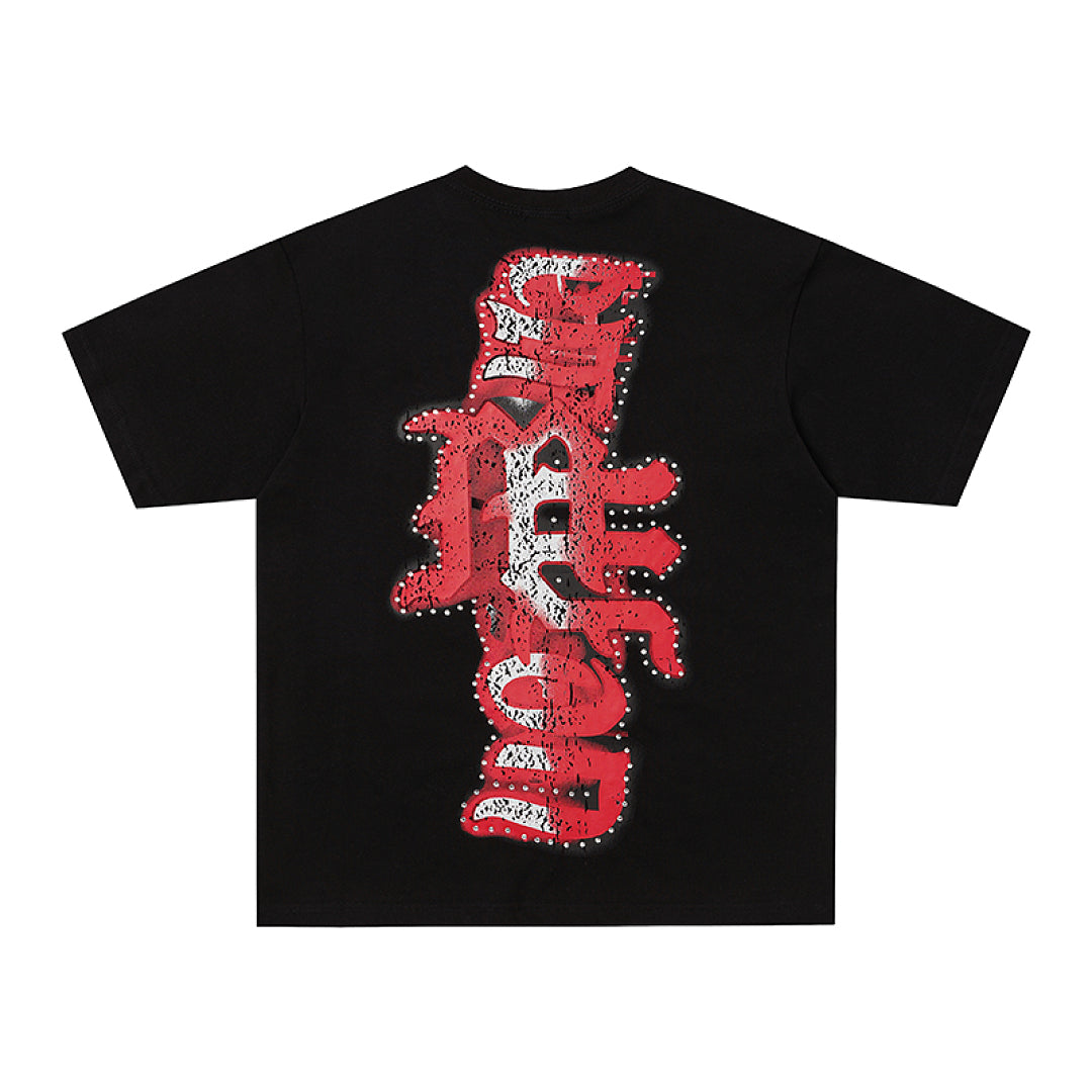 MIXED EMOTION Black Red Gothic Letter Portrait  T‑Shirt