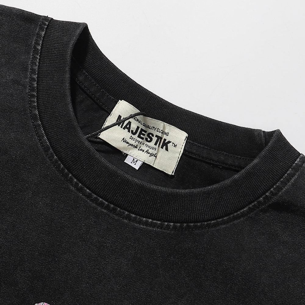 Majestik “Fearless” Angel & Demon Rhinestone Vintage Tee（Black）