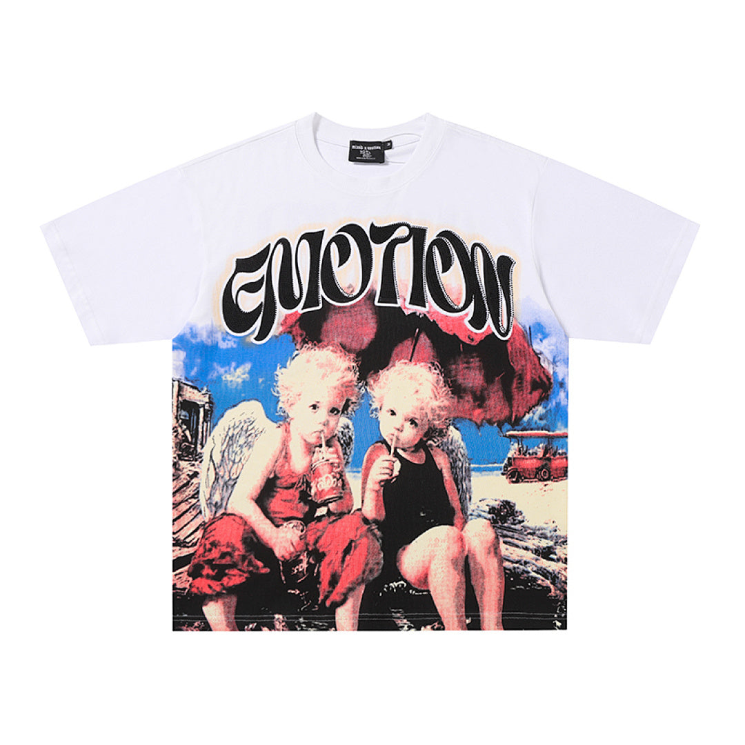 MIXED EMOTION Mixed Emotion Gothic Letter Angel Graphic T‑Shirt