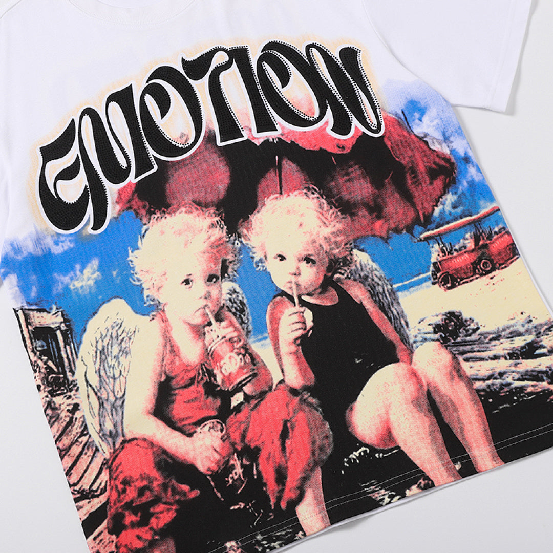 MIXED EMOTION Mixed Emotion Gothic Letter Angel Graphic T‑Shirt