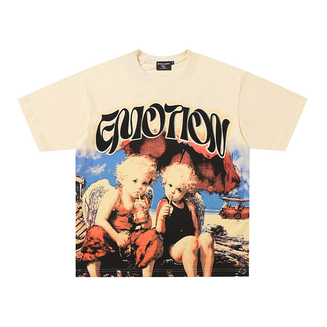MIXED EMOTION Mixed Emotion Gothic Letter Angel Graphic T‑Shirt