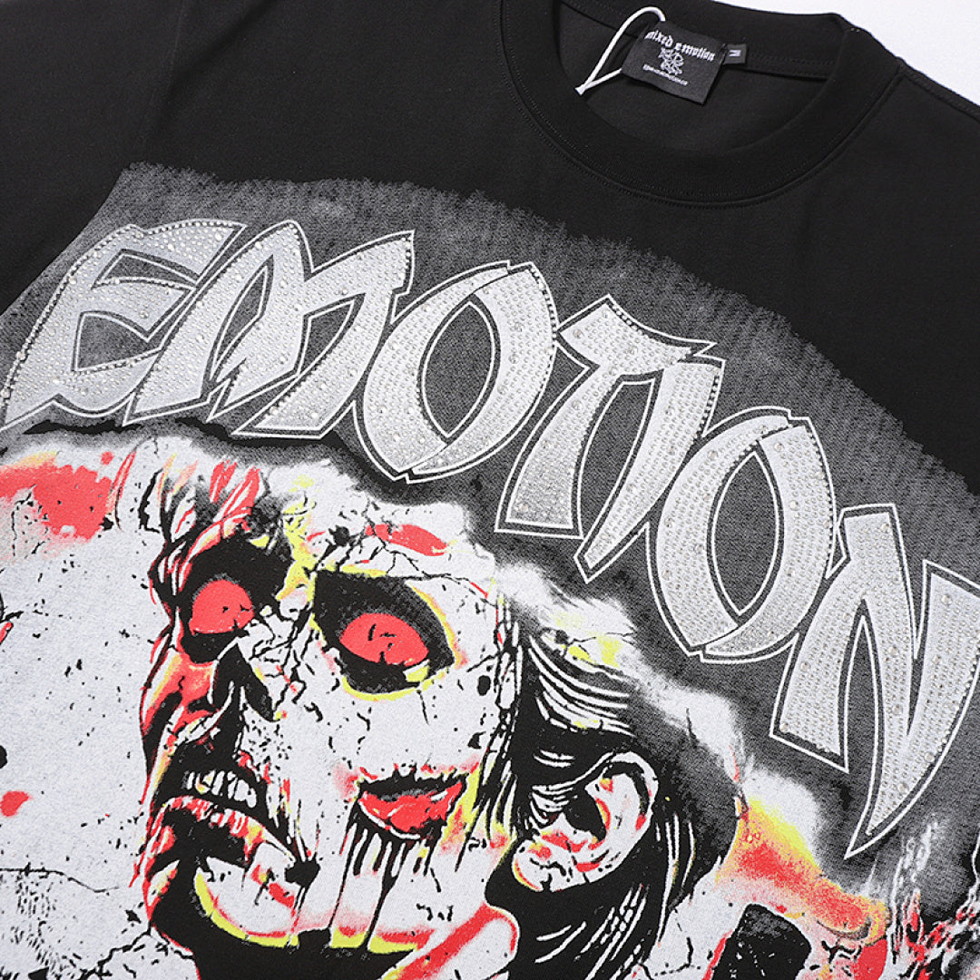 MIXED EMOTION Graffiti Portrait Gothic Letter Graphic T‑Shirt