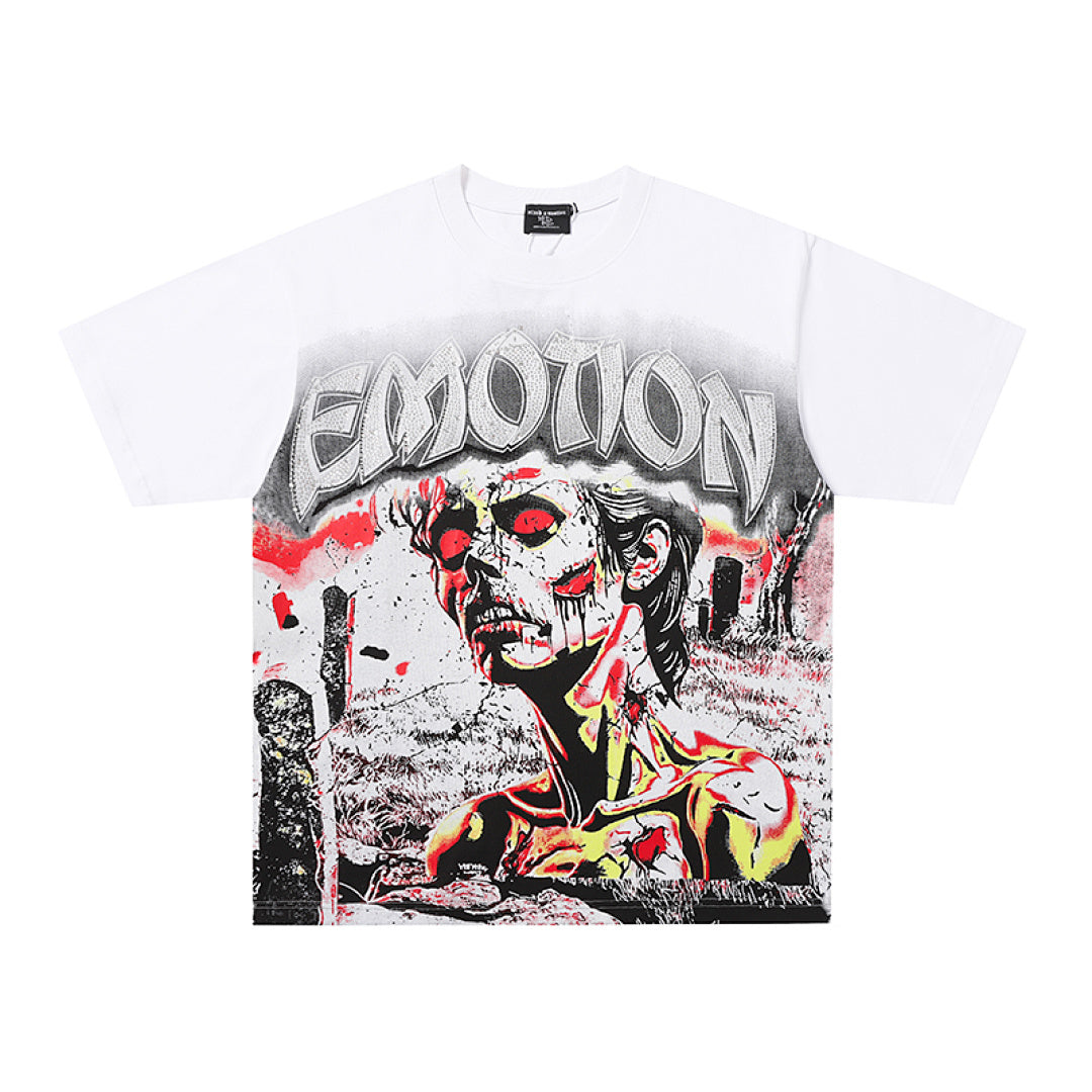 MIXED EMOTION Graffiti Portrait Gothic Letter Graphic T‑Shirt