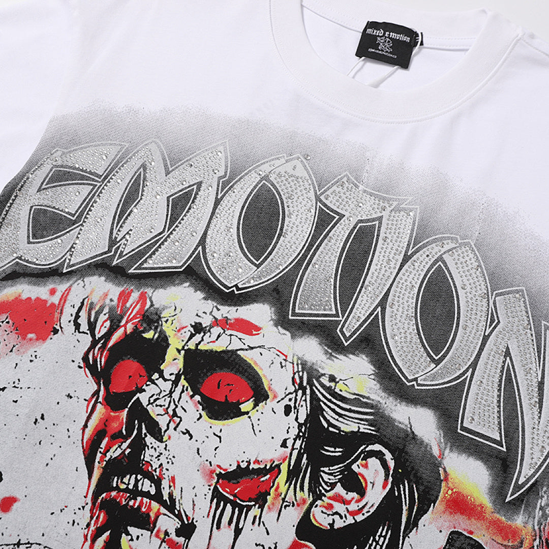 MIXED EMOTION Graffiti Portrait Gothic Letter Graphic T‑Shirt