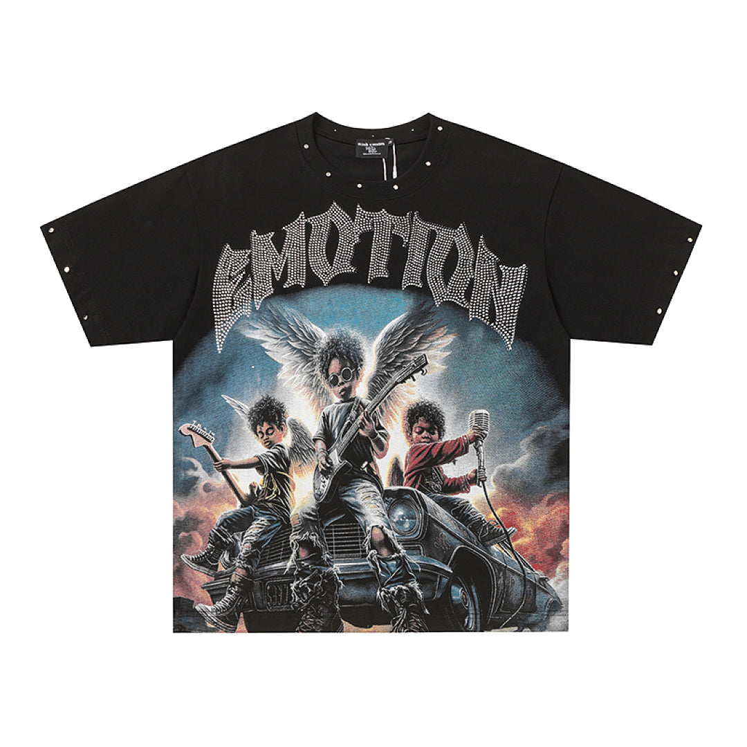 MIXED EMOTION Black Vintage Angel Character Graphic T‑Shirt