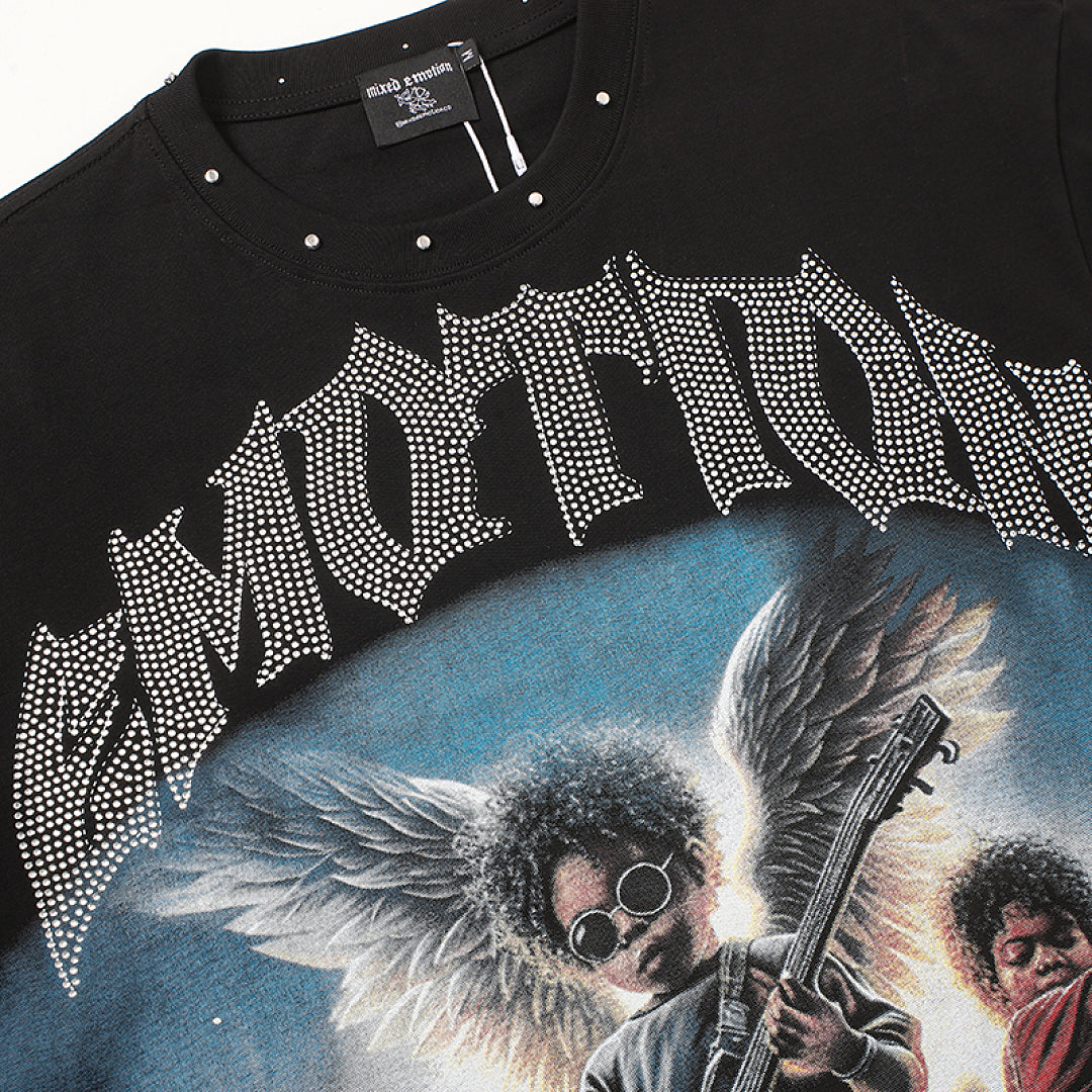 MIXED EMOTION Black Vintage Angel Character Graphic T‑Shirt