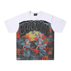 MIXED EMOTION Vintage Oil Painting Multi-Angel Scene Graphic T‑Shirt