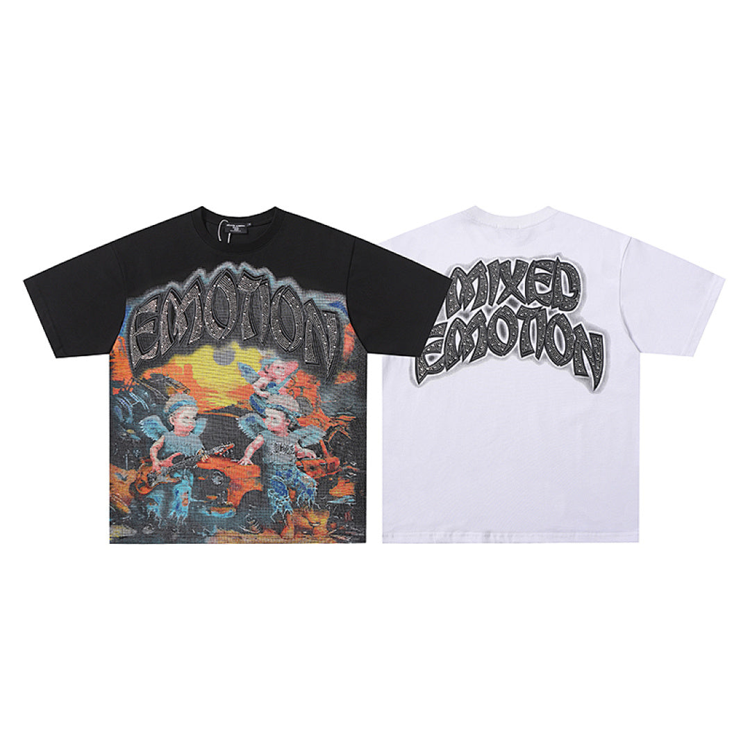 MIXED EMOTION Vintage Oil Painting Multi-Angel Scene Graphic T‑Shirt