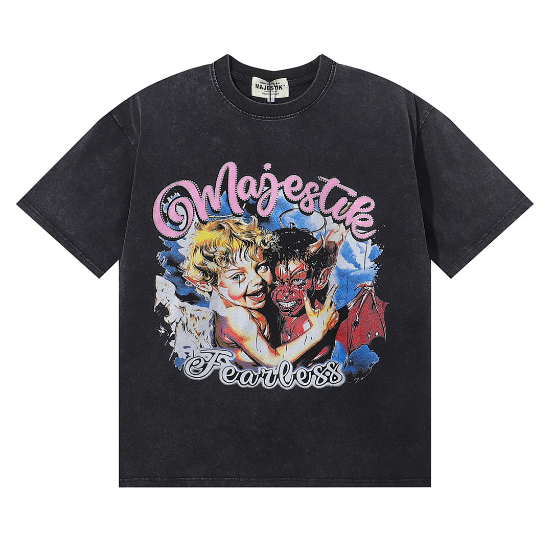 Majestik “Fearless” Angel & Demon Rhinestone Vintage Tee（Black）