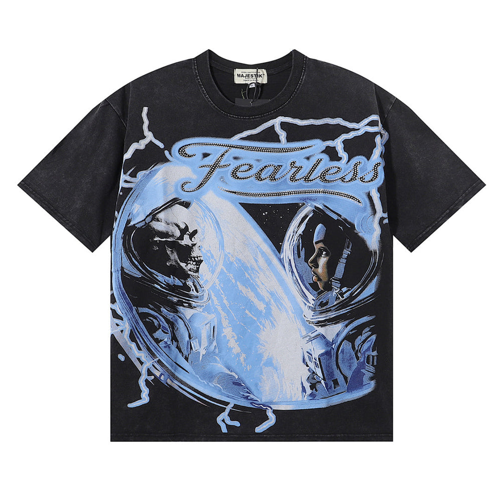 Majestik “Fearless” Astronaut & Skeleton Rhinestone Vintage Tee