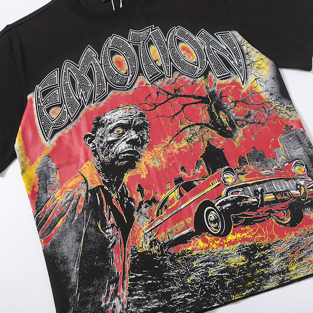 MIXED EMOTION  Gothic Letter Vintage Character Graphic T‑Shirt