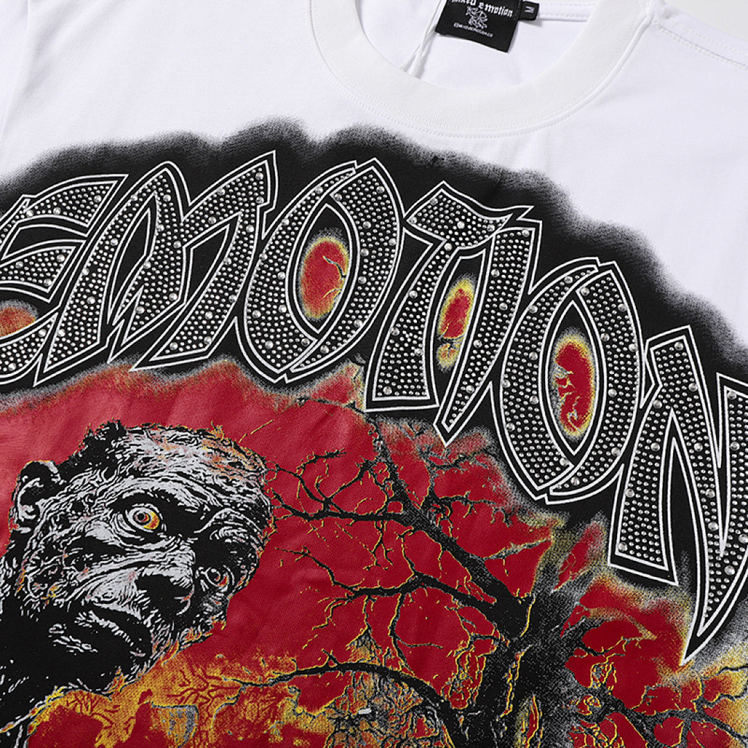 MIXED EMOTION  Gothic Letter Vintage Character Graphic T‑Shirt