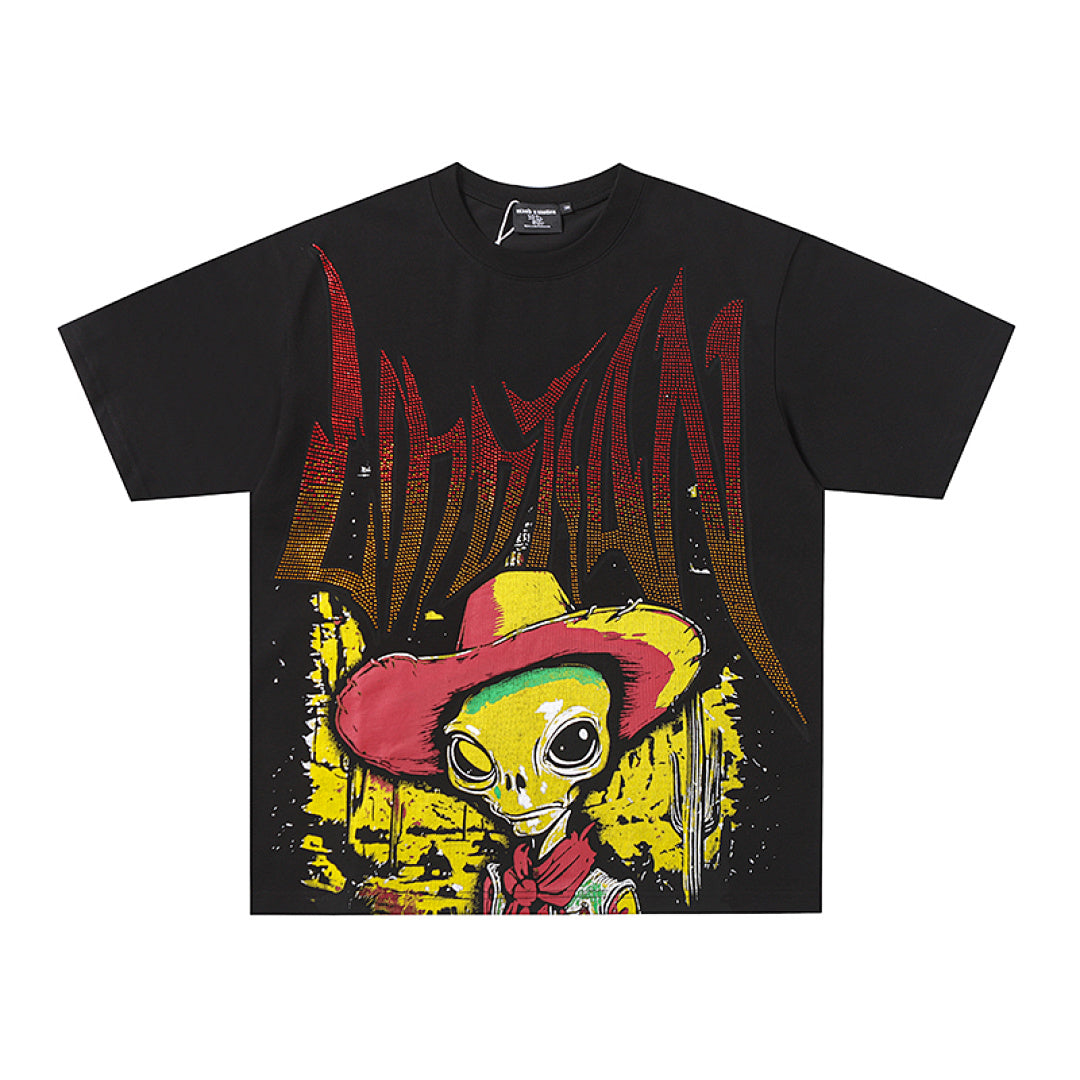 MIXED EMOTION  Gothic Letter Cowboy Skull Graphic T‑Shirt
