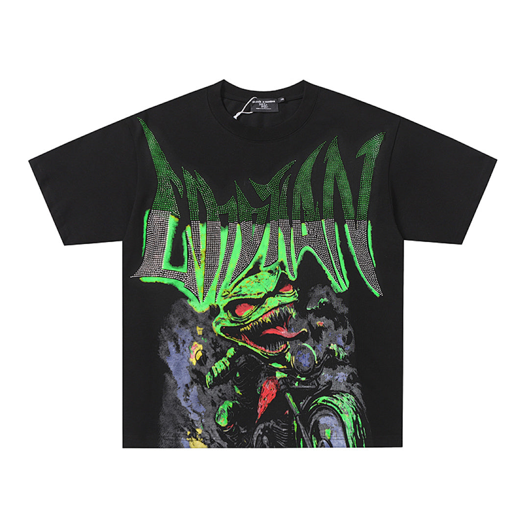 MIXED EMOTION  Gothic Letter Green Monster Graphic T‑Shirt