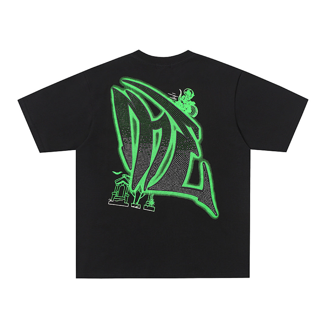MIXED EMOTION  Gothic Letter Green Monster Graphic T‑Shirt
