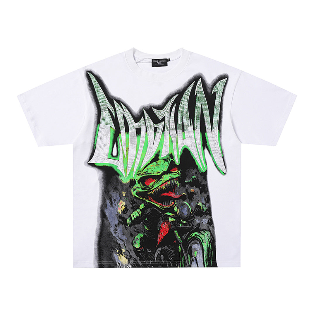 MIXED EMOTION  Gothic Letter Green Monster Graphic T‑Shirt
