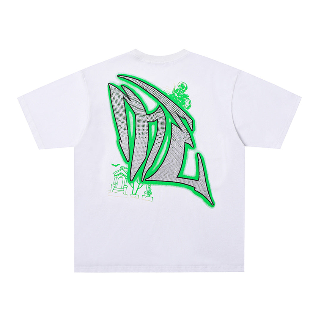 MIXED EMOTION  Gothic Letter Green Monster Graphic T‑Shirt