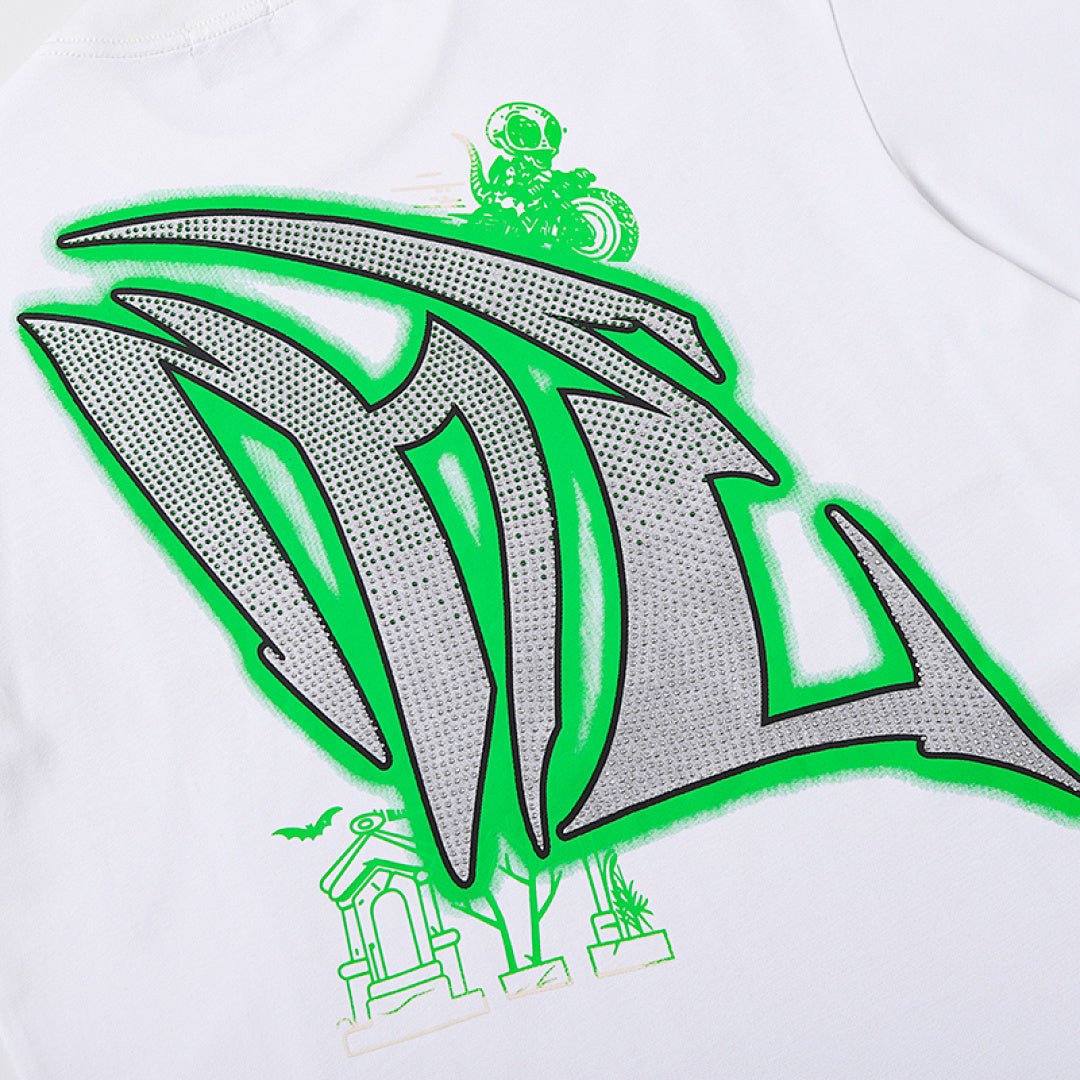 MIXED EMOTION  Gothic Letter Green Monster Graphic T‑Shirt