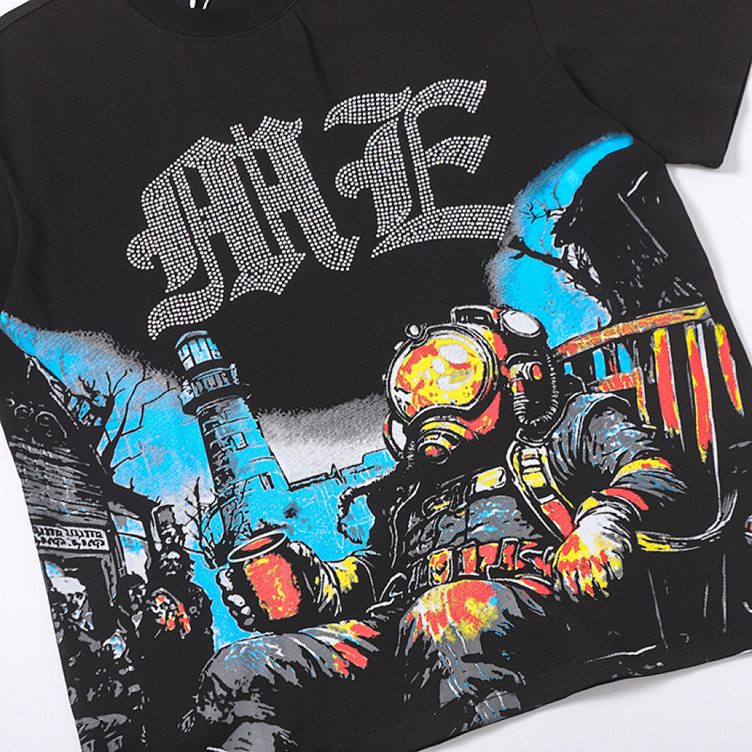 MIXED EMOTION Mecha Monster Graphic Gothic Letter T‑Shirt