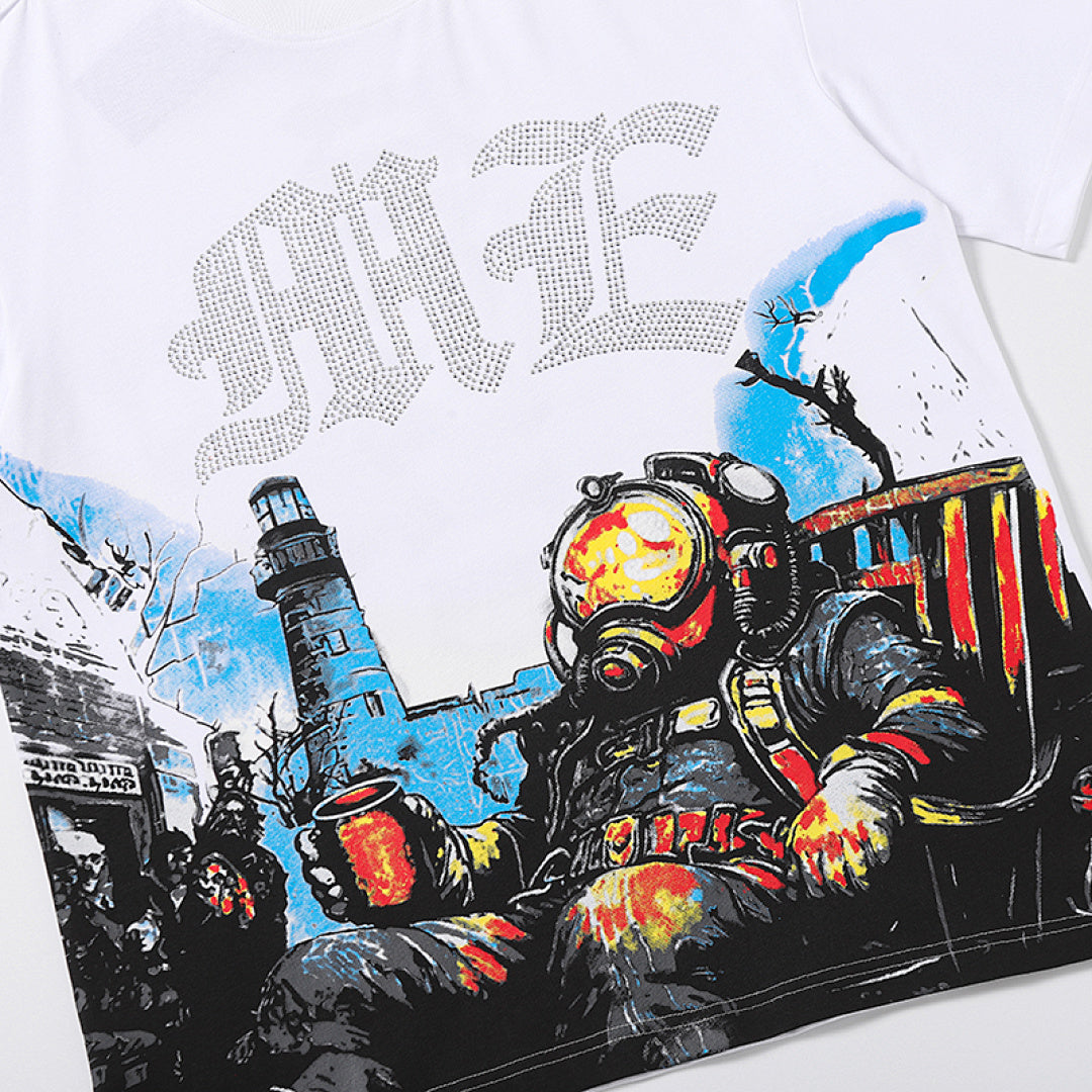 MIXED EMOTION Mecha Monster Graphic Gothic Letter T‑Shirt