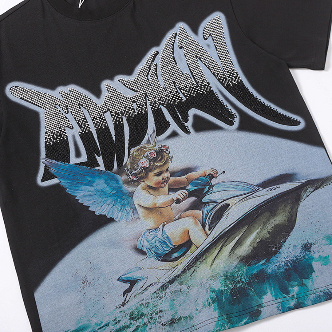 MIXED EMOTION  Gothic Letter Angel Graphic T‑Shirt