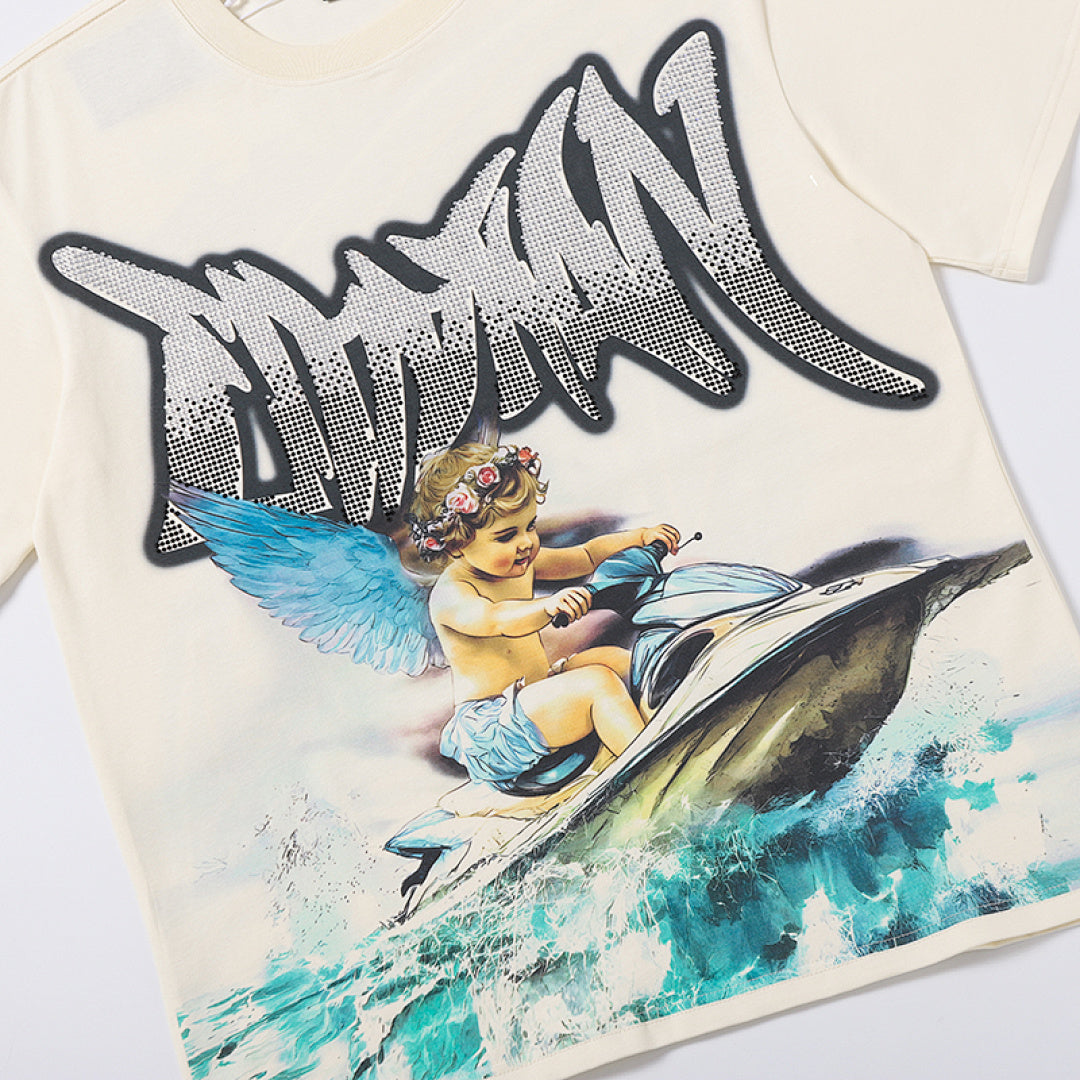 MIXED EMOTION  Gothic Letter Angel Graphic T‑Shirt