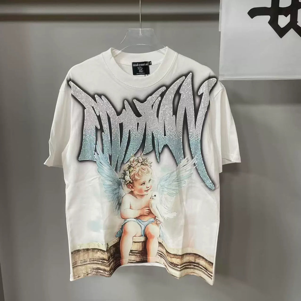 Mixed EMOTION T SHIRT High Street Angel Peace Dove Hot Diamond Fashion Short sleeved T-shirt Summer