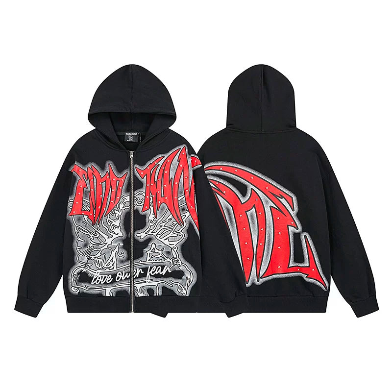 Realistic Mixed EMOTION Fashion Retro Doing Old Street Loose Heavy Cotton Cardigan Hoodie FOG (1)