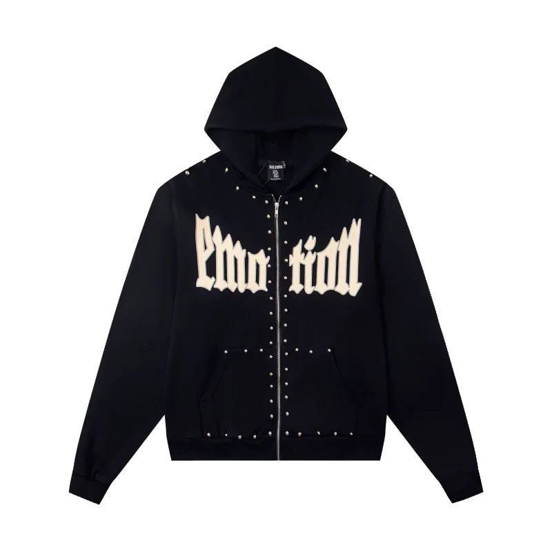 High version Mixed EMOTION American Street Retro Printed Hot Diamond Hoodie Men's and Women's Zipper Jacket (1)