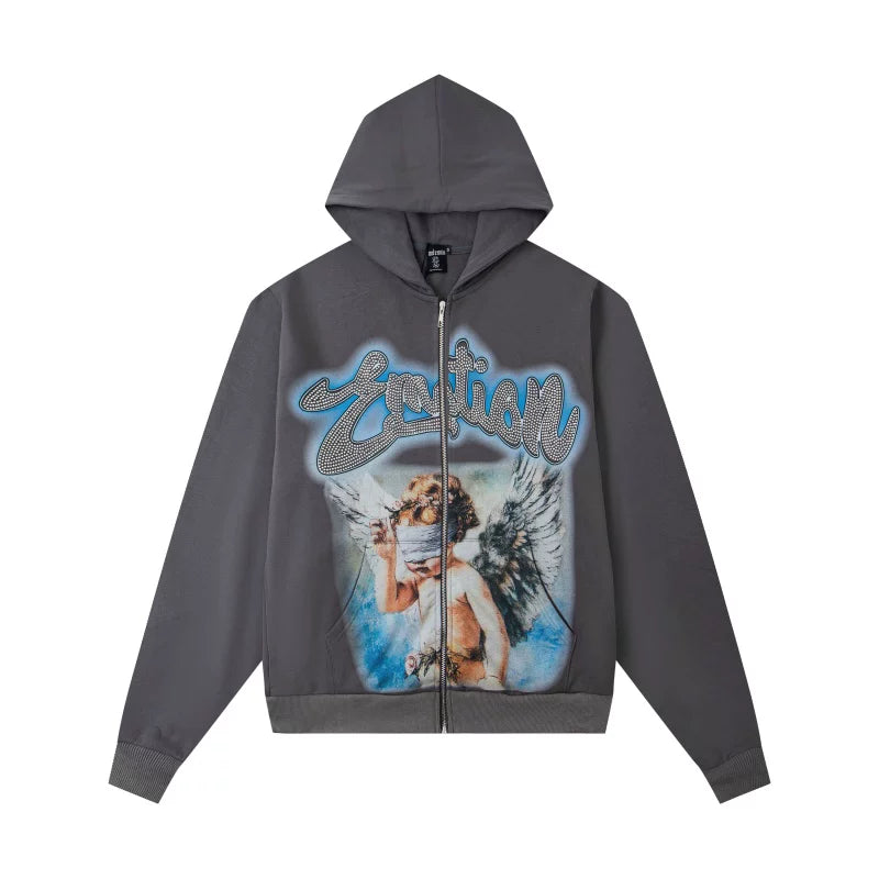 High version Mixed EMOTION American Street Retro Printed Hot Diamond Hoodie Men's and Women's Zipper Jacket (5)